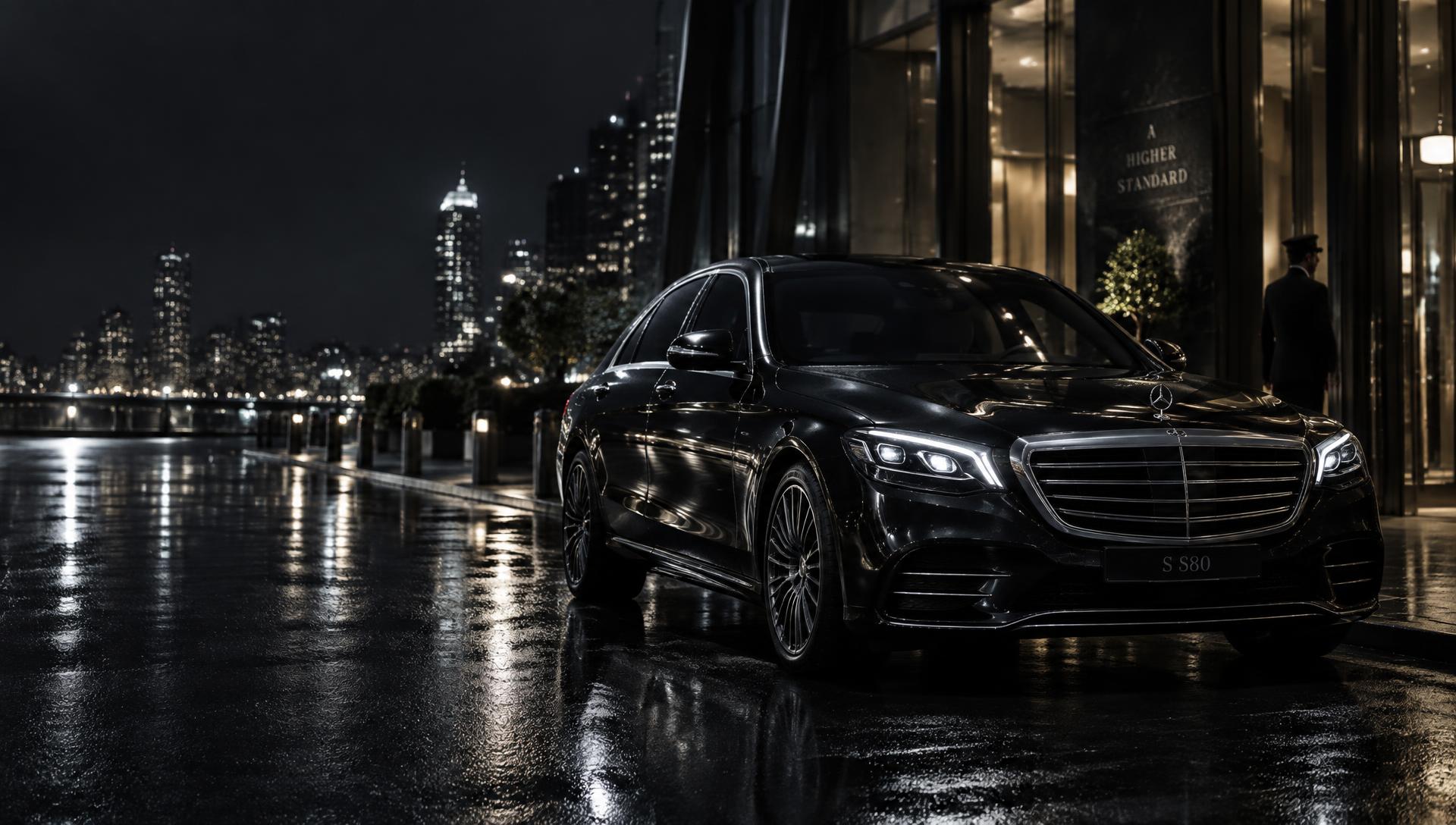 Black Mercedes-Benz waiting outside a hotel at night